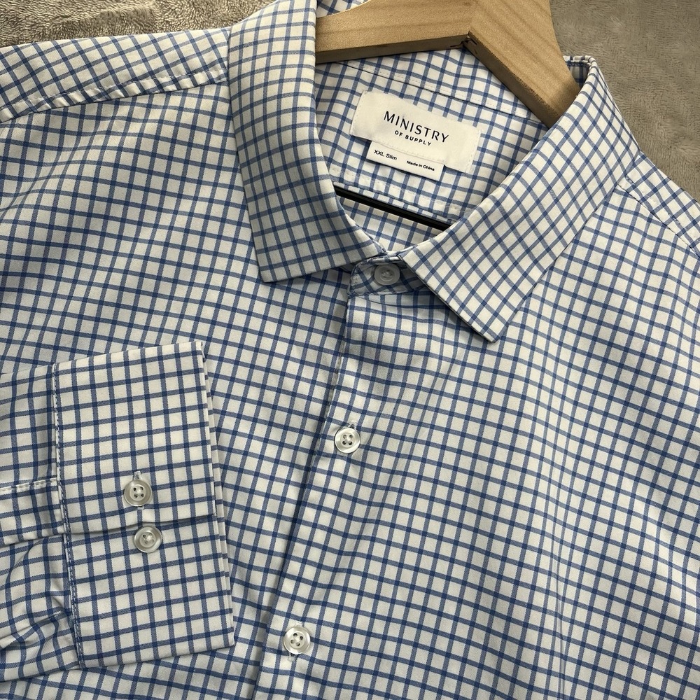 Ministry of‎ Supply Men's Size 2XL Grid Check Slim White Blue Dress Shirt